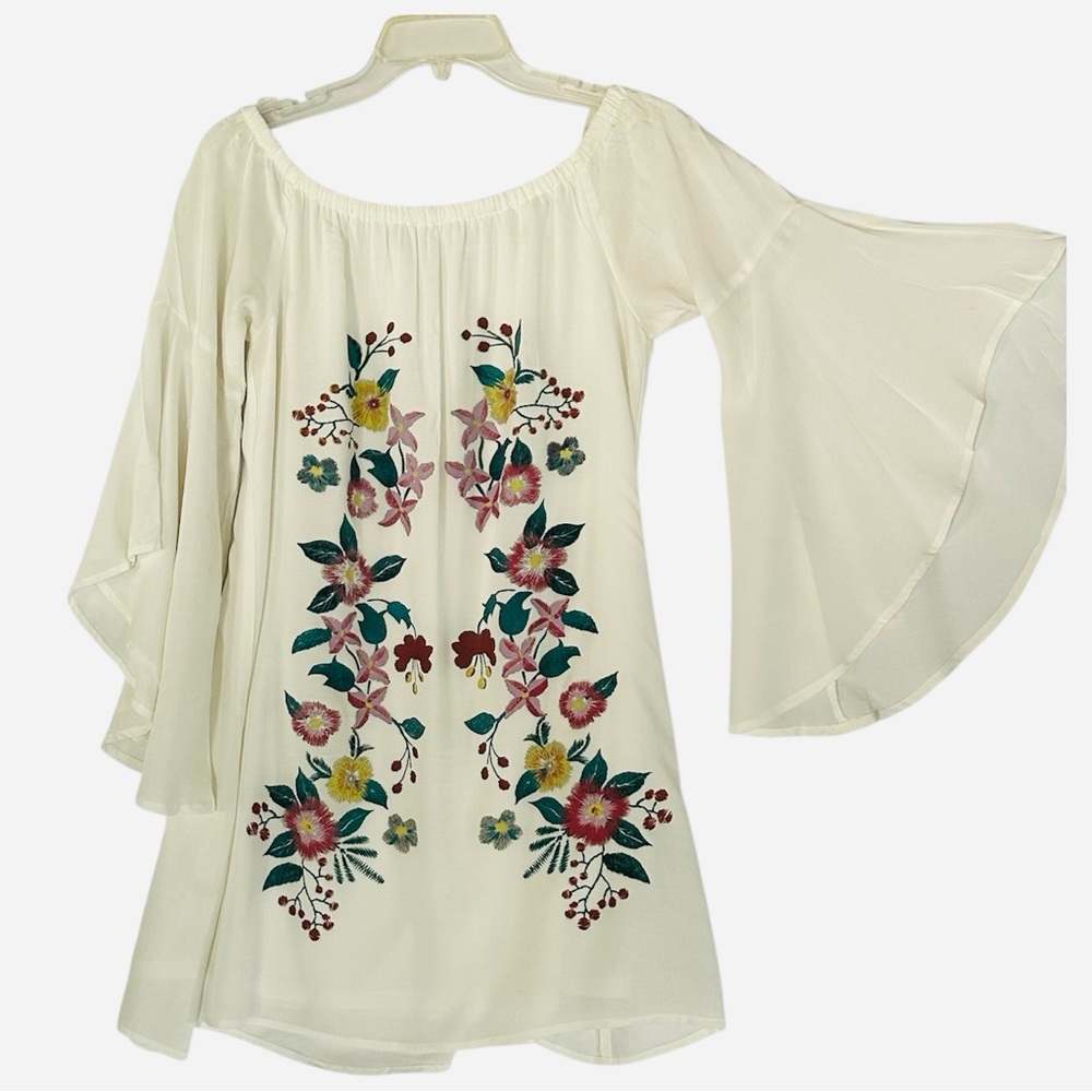 Entro Cream Floral Mini Dress Off Shoulder Bell Sleeve M NWT